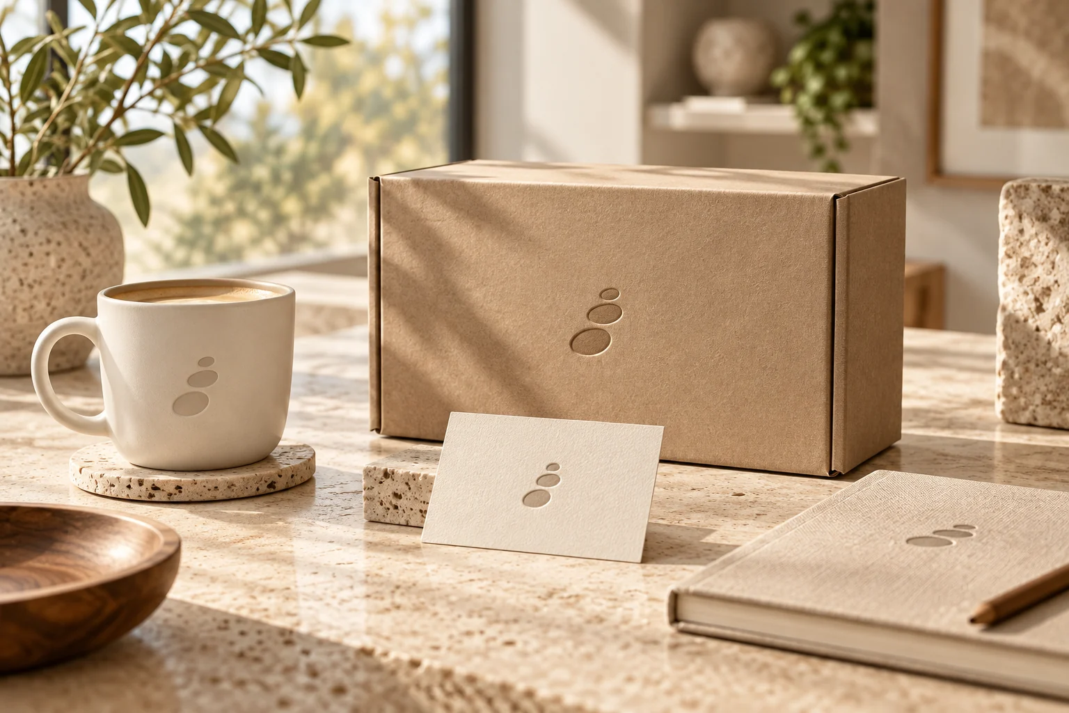 Photoreal brand materials carrying an original embossed logo mark in a sunlit studio