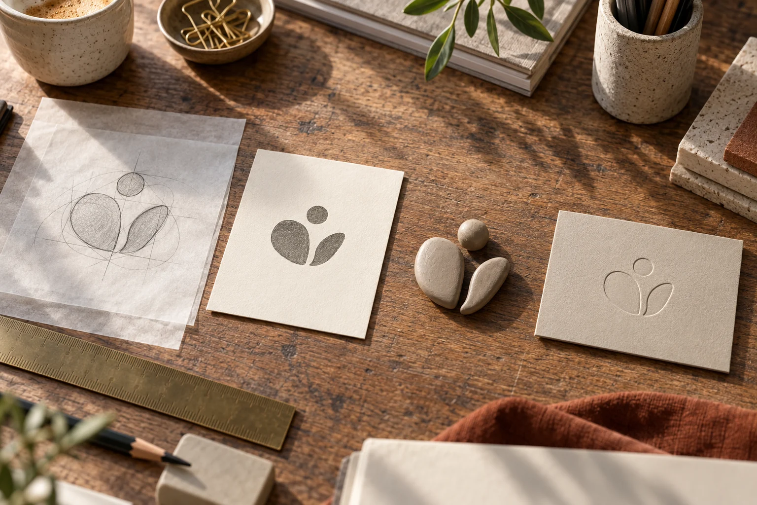 Photoreal designer workstation showing original logo studies from sketch to physical embossed mark