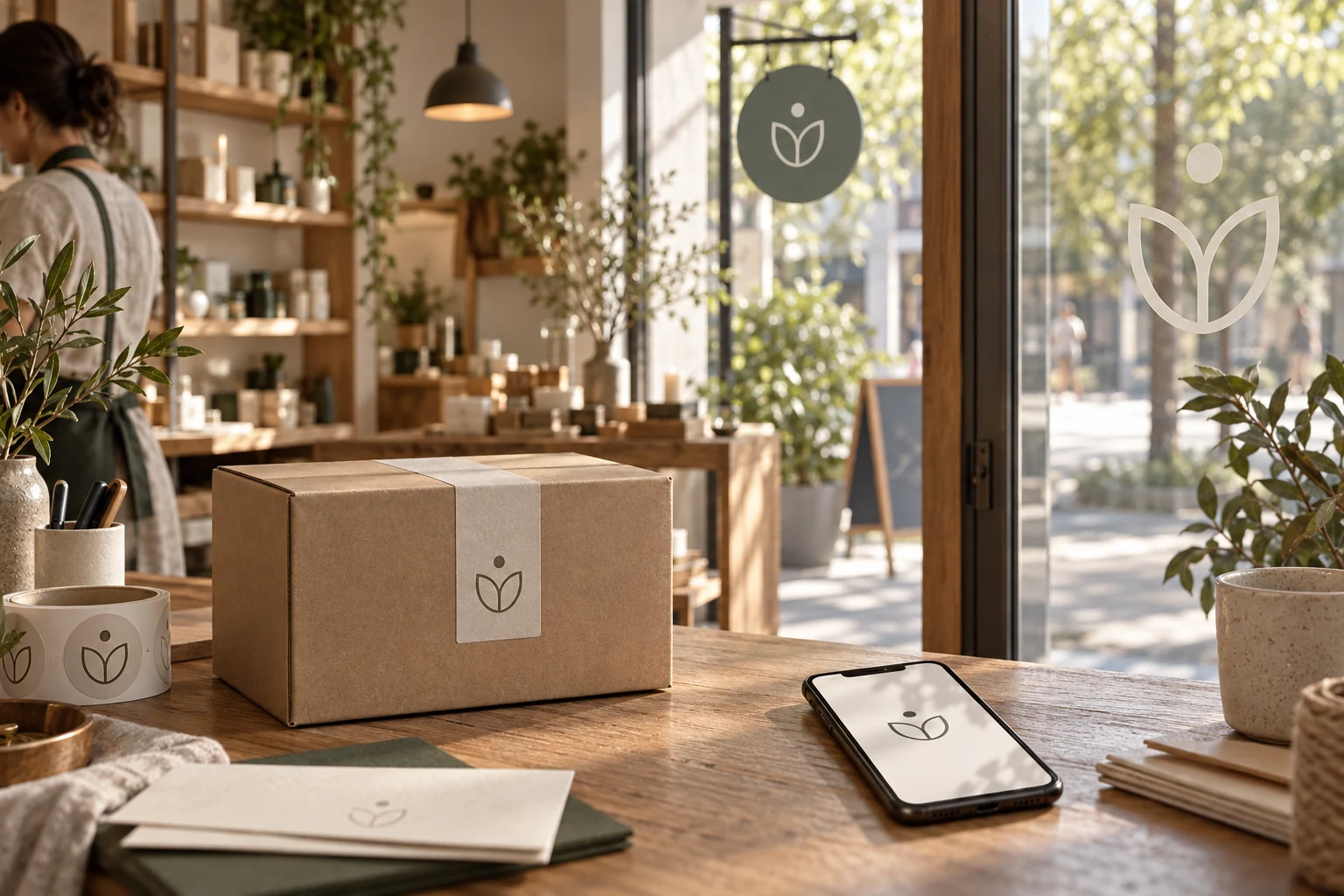 Photoreal small business scene showing one original logo applied to packaging, a shop window, signage, and mobile