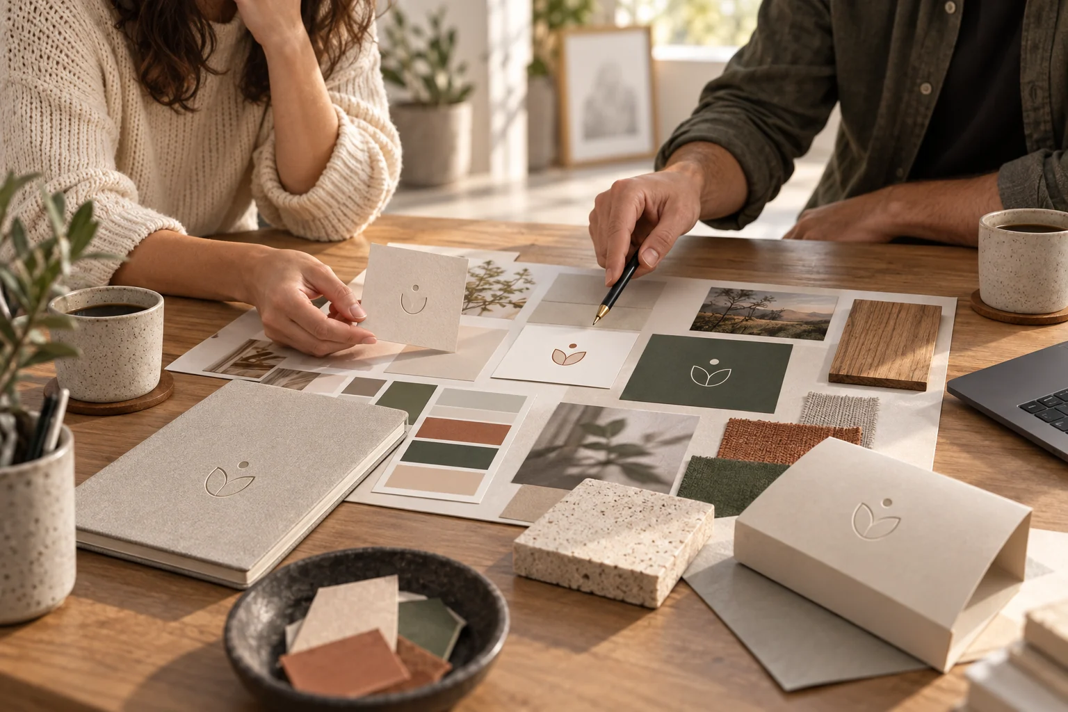 Photoreal founder and designer reviewing original physical logo directions and material samples