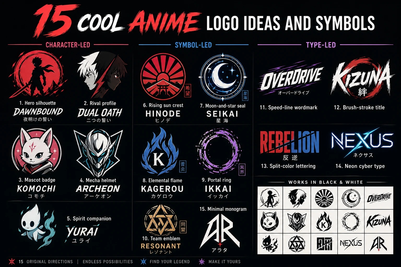 Original anime logo idea matrix showing symbols, lettering, and composition