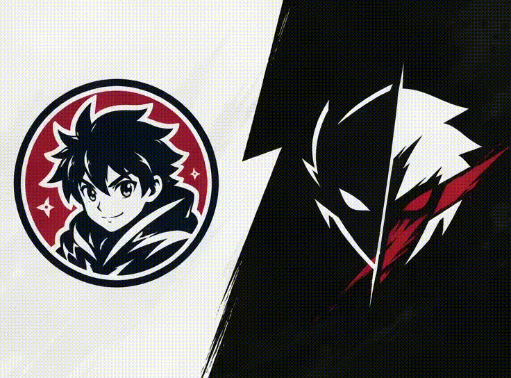 Original fictional anime logo progressing from a static mark to a clean animated end frame