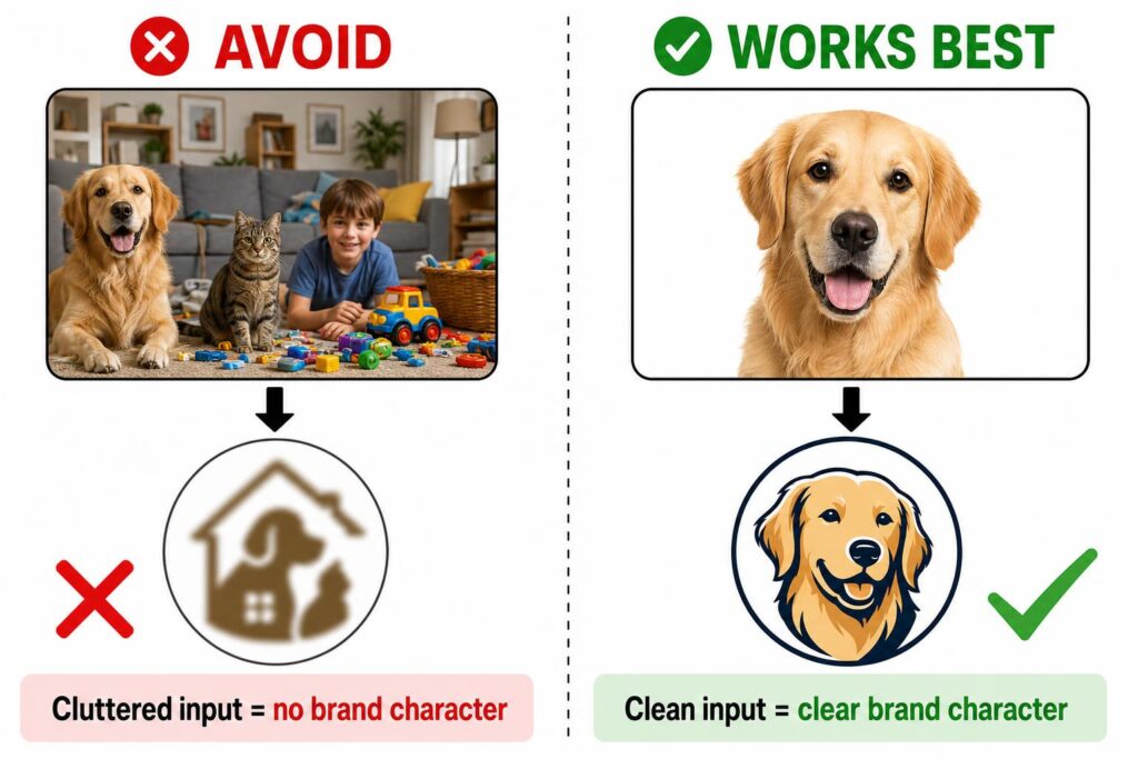 The different effects of generating logos from cluttered and concise reference images.