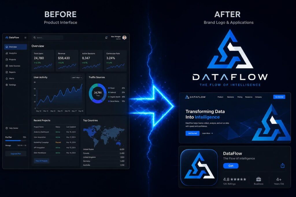 SaaS product interface screenshot transformed into a geometric competence-driven brand character logo