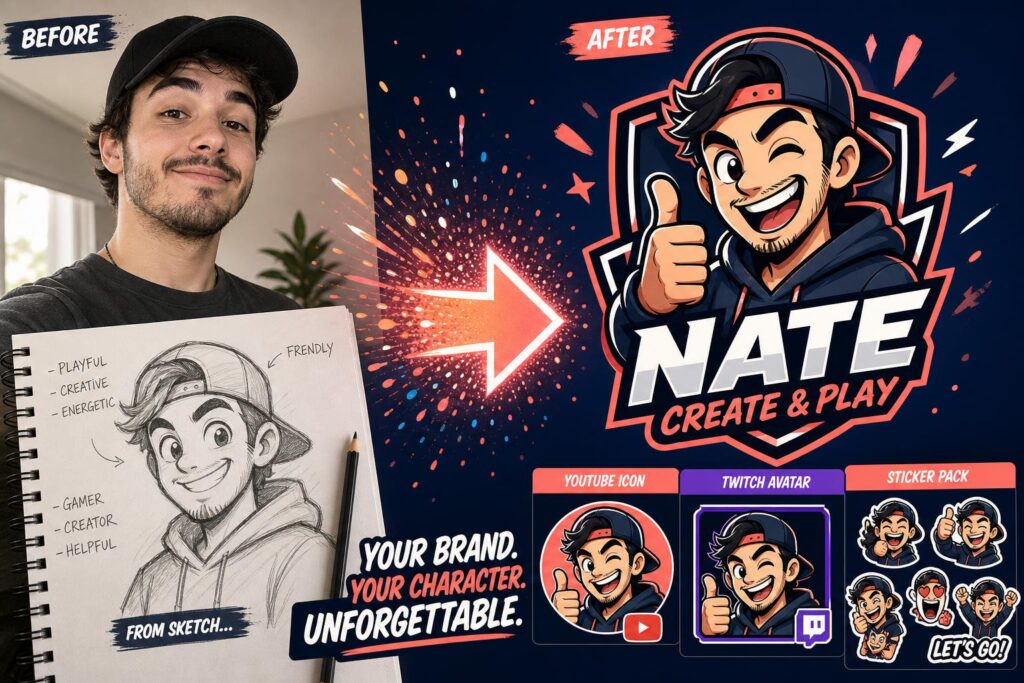 Portrait photo transformed into a cartoon mascot brand character logo