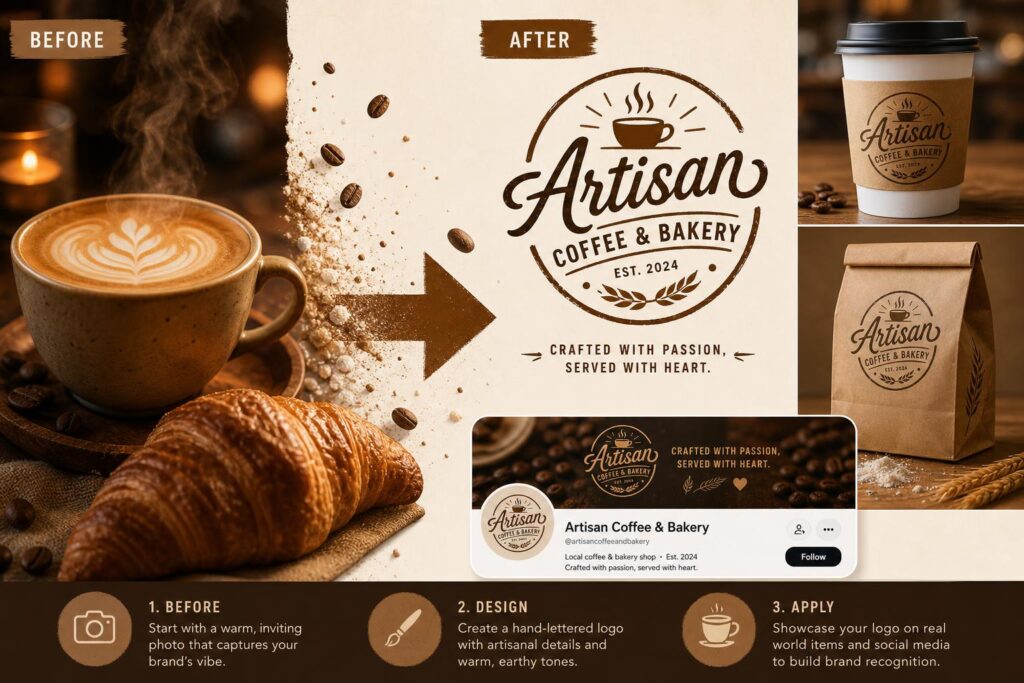 Café food photo transformed into a warm artisan brand character logo