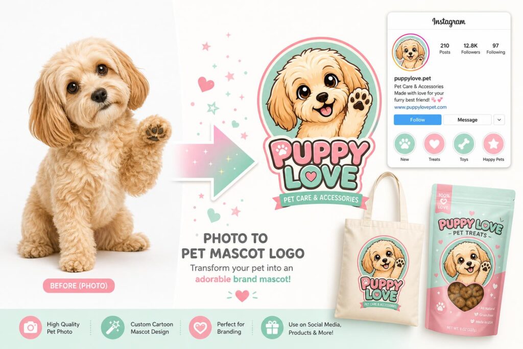 Pet photo transformed into a cute cartoon mascot brand character logo