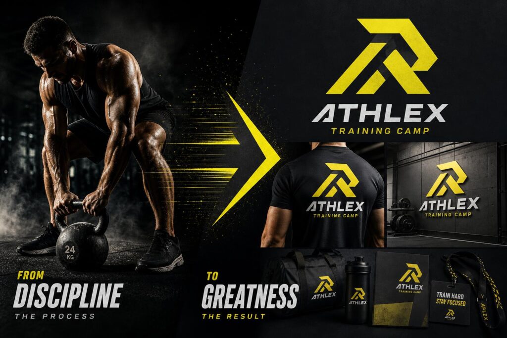 Gym equipment photo transformed into a bold geometric brand character logo