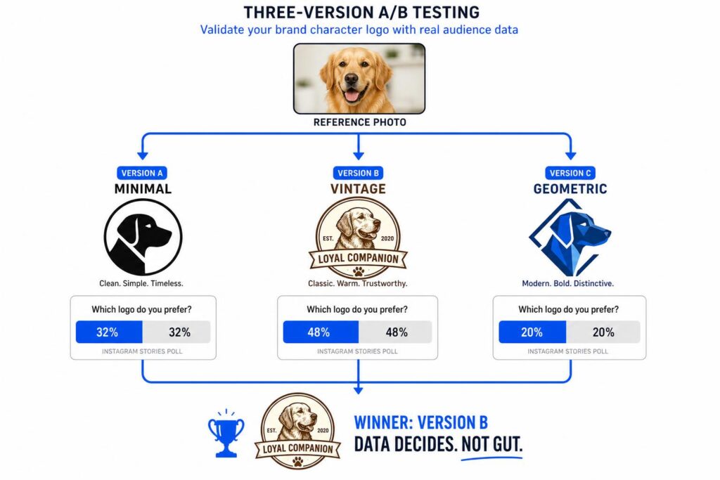 A/B testing diagram showing three brand character logo versions from the same image with audience voting results
