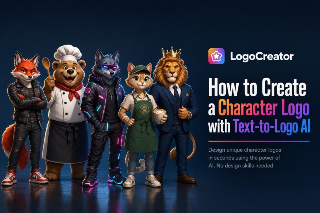 Five AI-generated character logos lined up