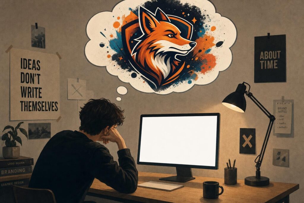 Person imagining a character logo idea that exists only in their head, not yet on screen