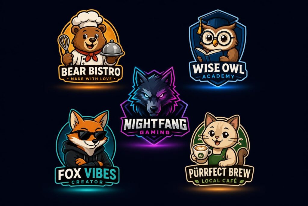 Five character logos for different industries: food, education, gaming, creator brand, café