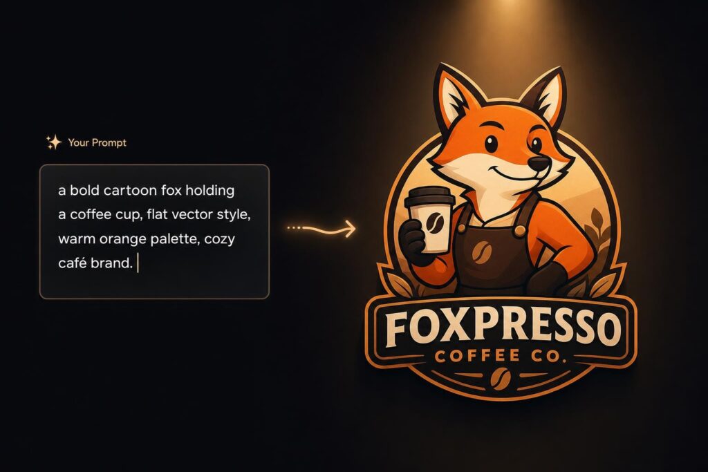 Text prompt transforming into a finished fox barista character logo