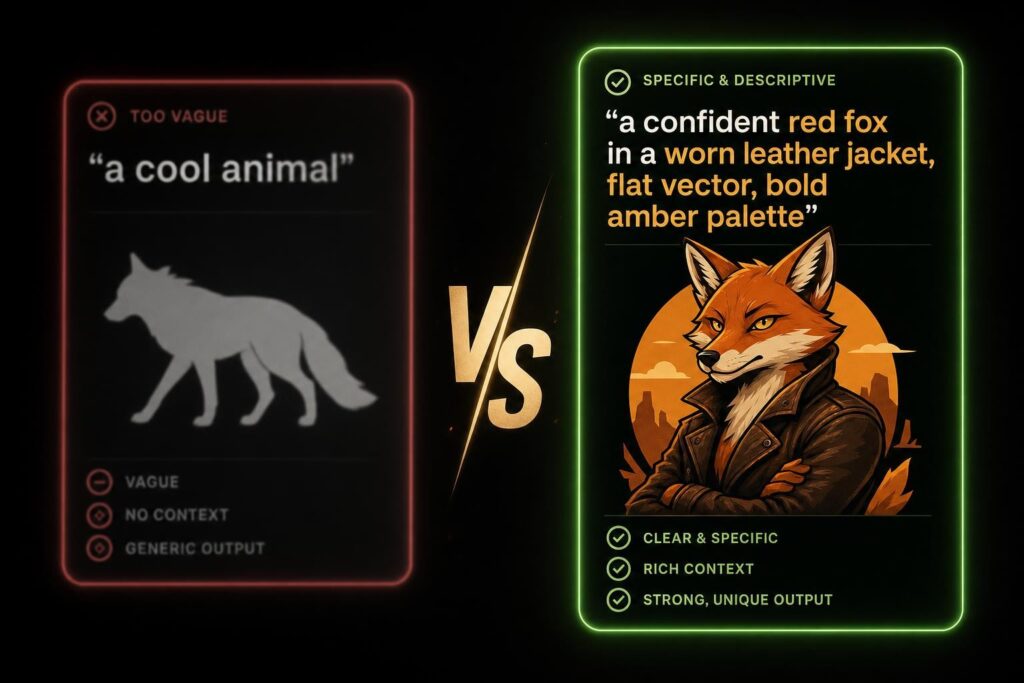 Vague versus specific logo prompt showing dramatically different character logo results