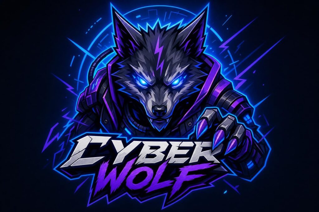 Fierce neon cyberpunk wolf character logo for gaming YouTube channel identity