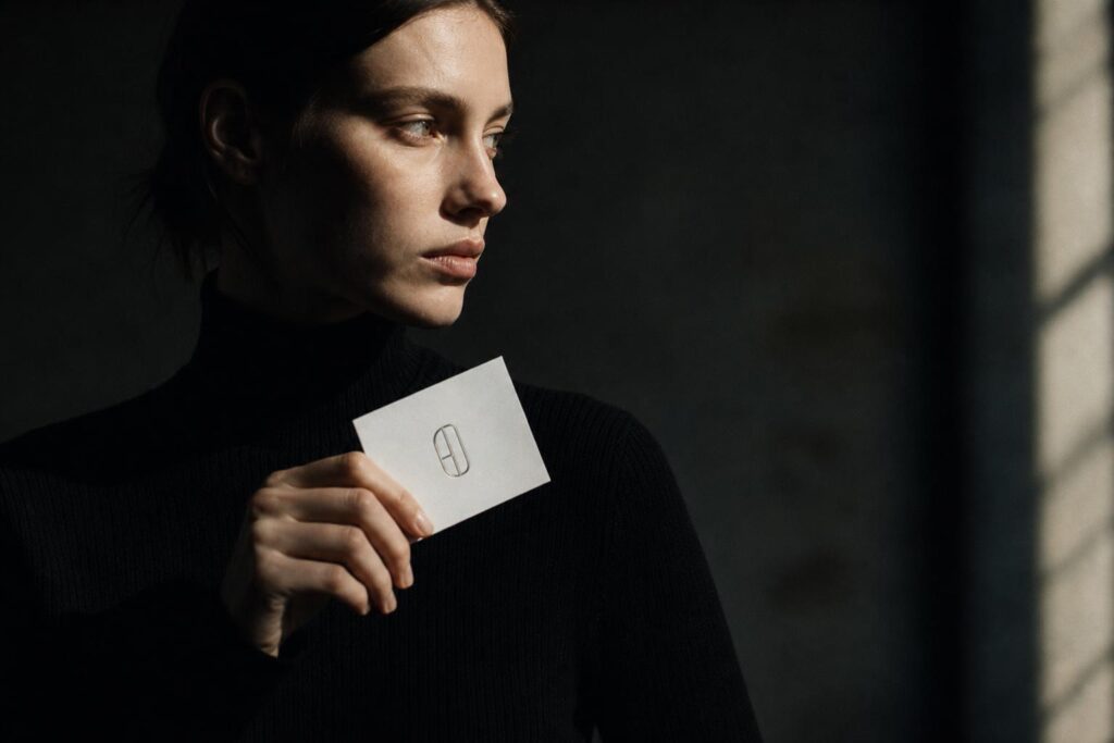 Person holding a fashion brand logo card under cinematic chiaroscuro lighting