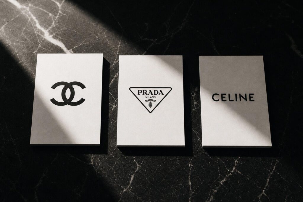 Chanel, Prada, and Celine logos on white cards displayed on black marble