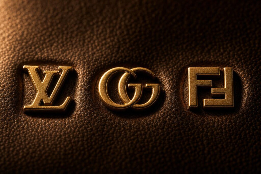 LV, GG, and FF monogram metal badges on dark leather under dramatic raking light