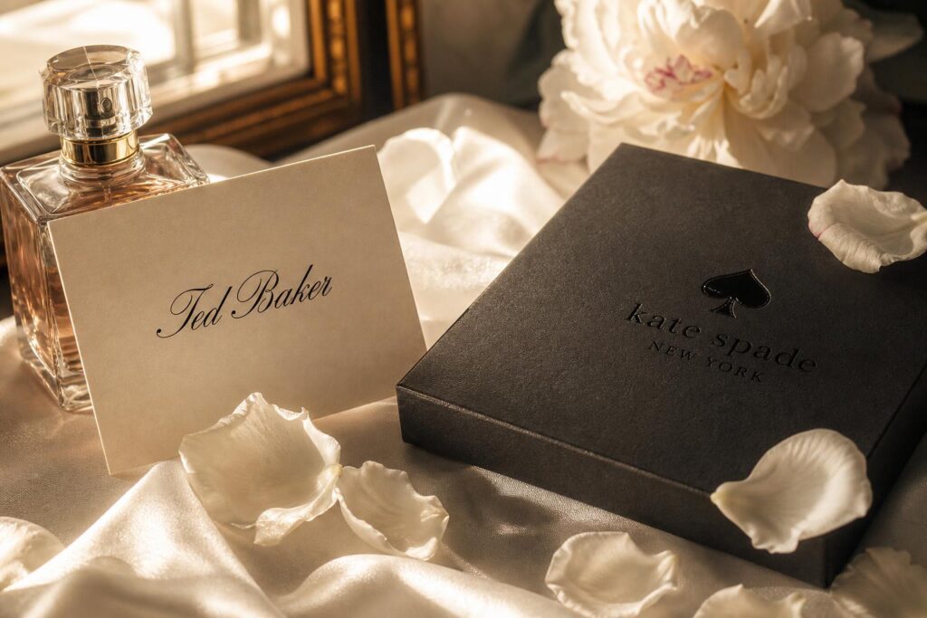 Ted Baker script logo card and Kate Spade spade icon box with white peonies on ivory silk