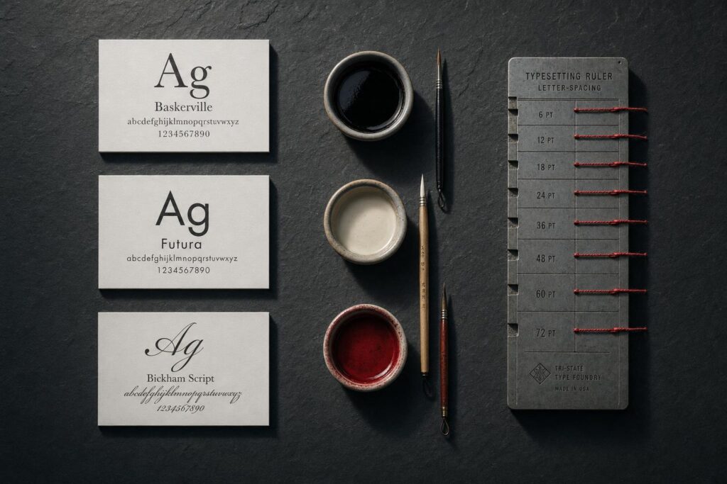 Cinematic flat lay of typography cards, color pigment dishes, and spacing ruler