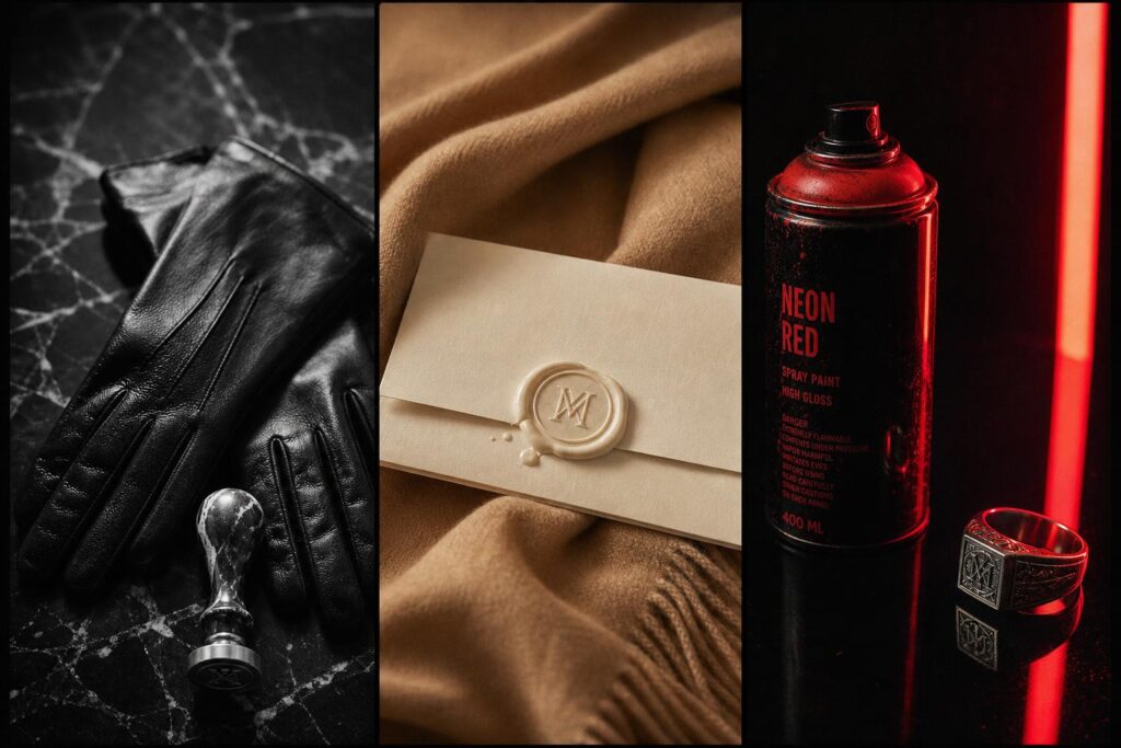 Three fashion color palette — luxury black-white, quiet luxury camel, streetwear neon red