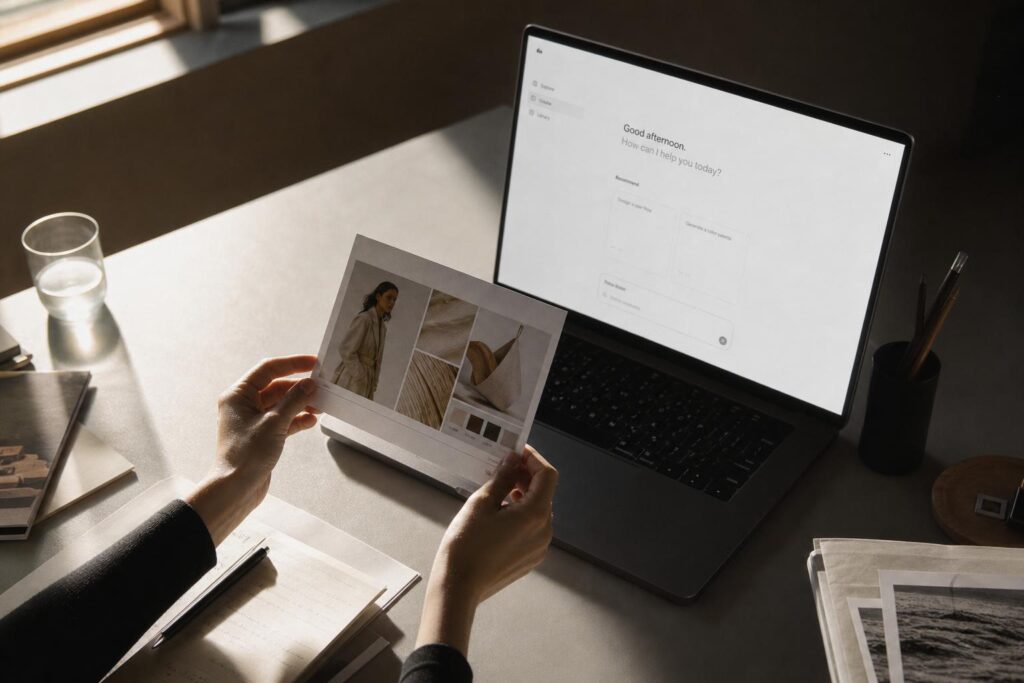 Hands placing mood board photo toward laptop with AI interface