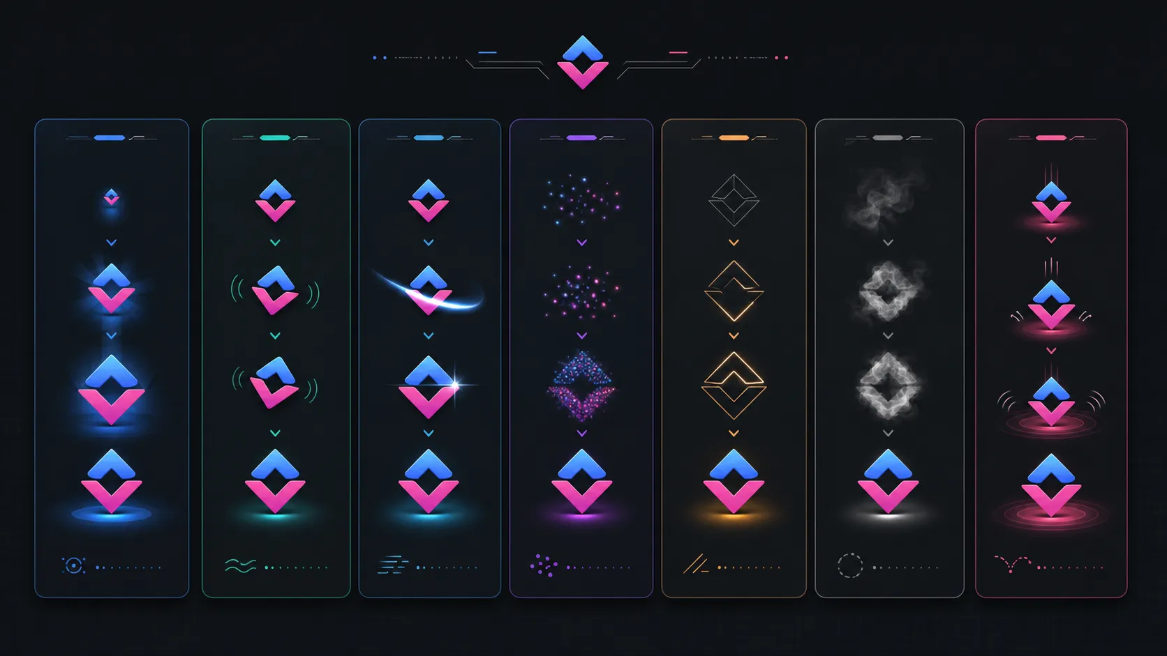 Seven motion styles applied to the same logo