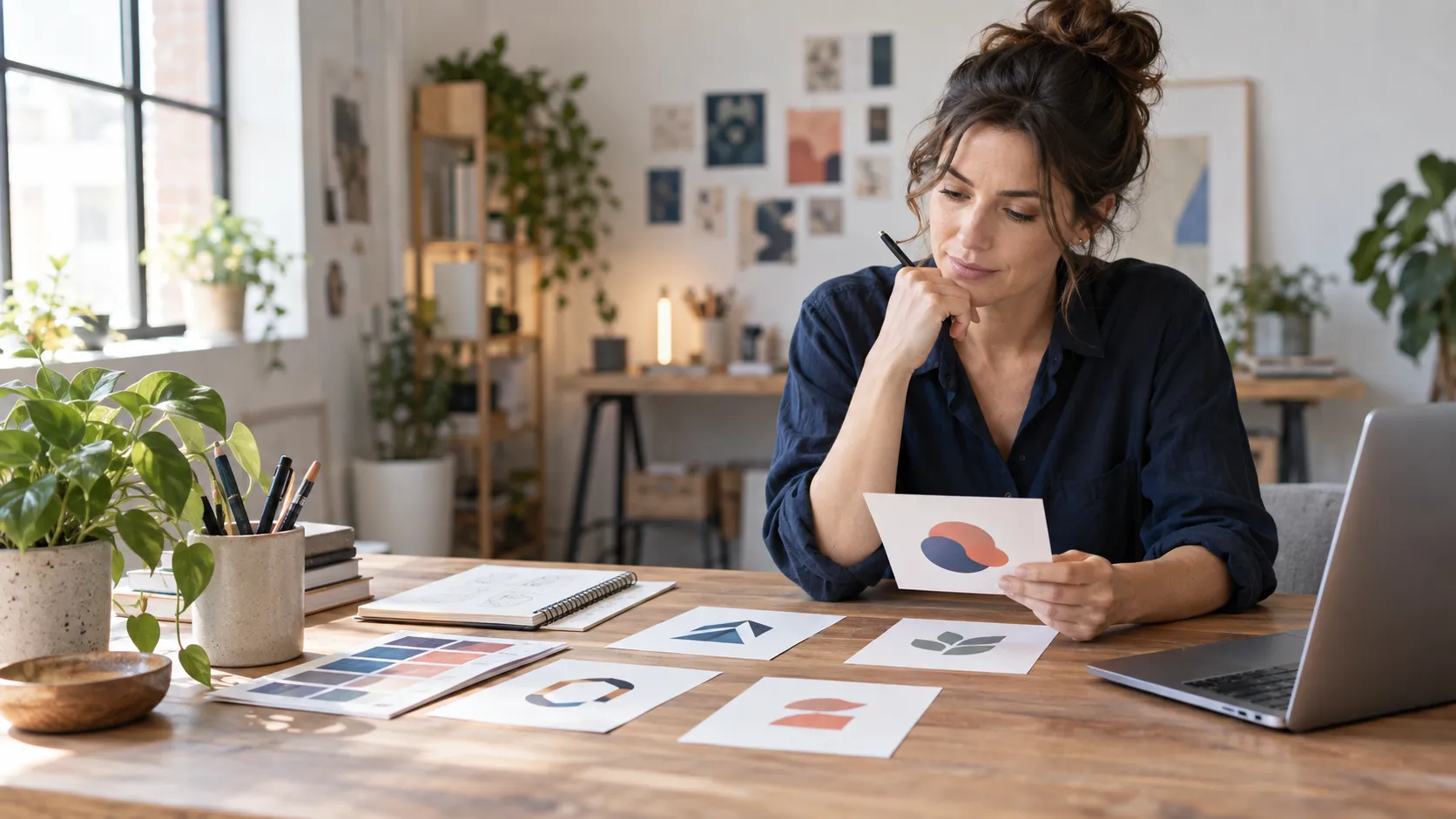A founder reviewing fictional abstract logo concepts in a studio