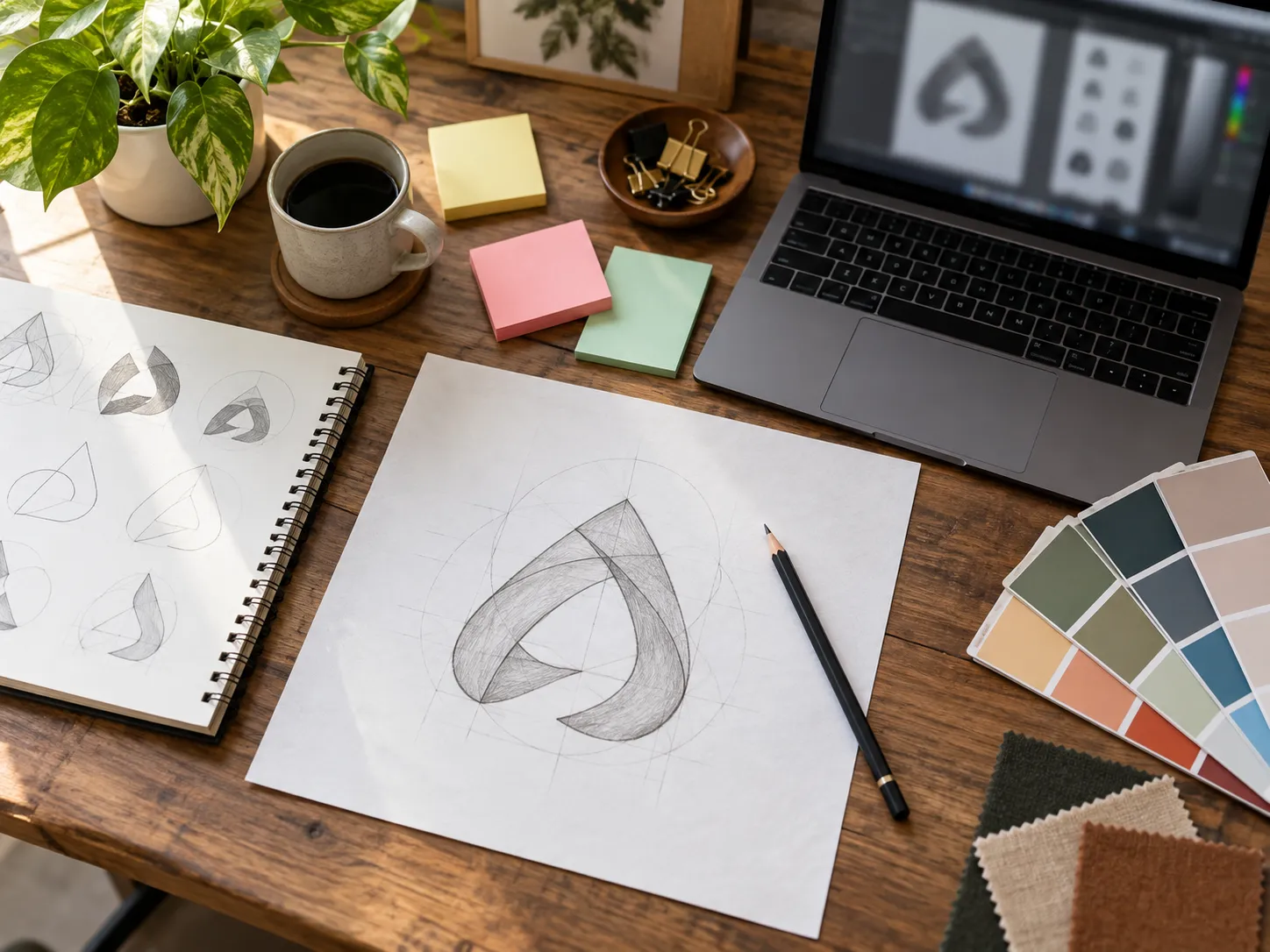 An organized brand-preparation workspace with an abstract logo sketch