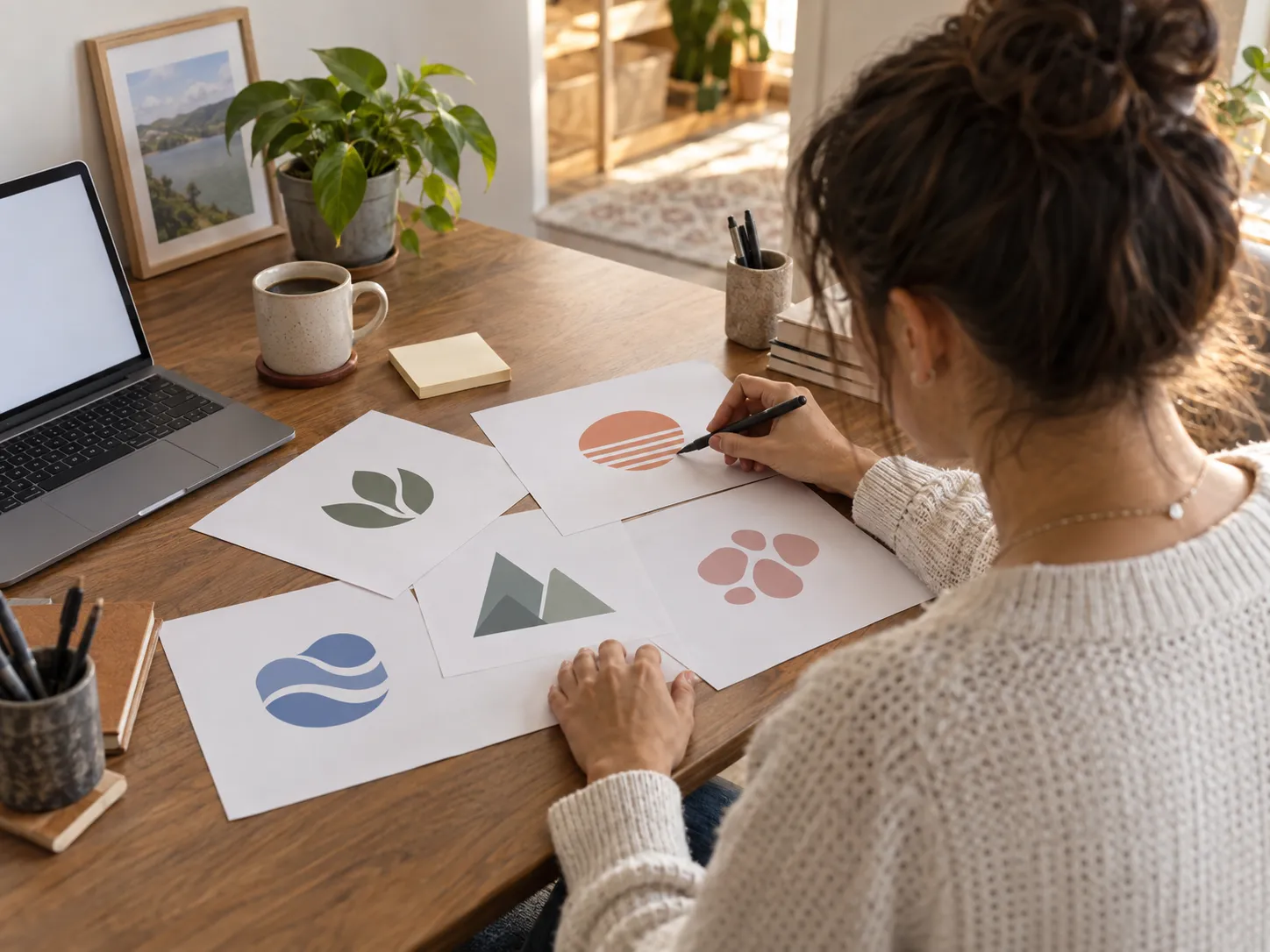 A founder comparing printed fictional abstract logo concepts
