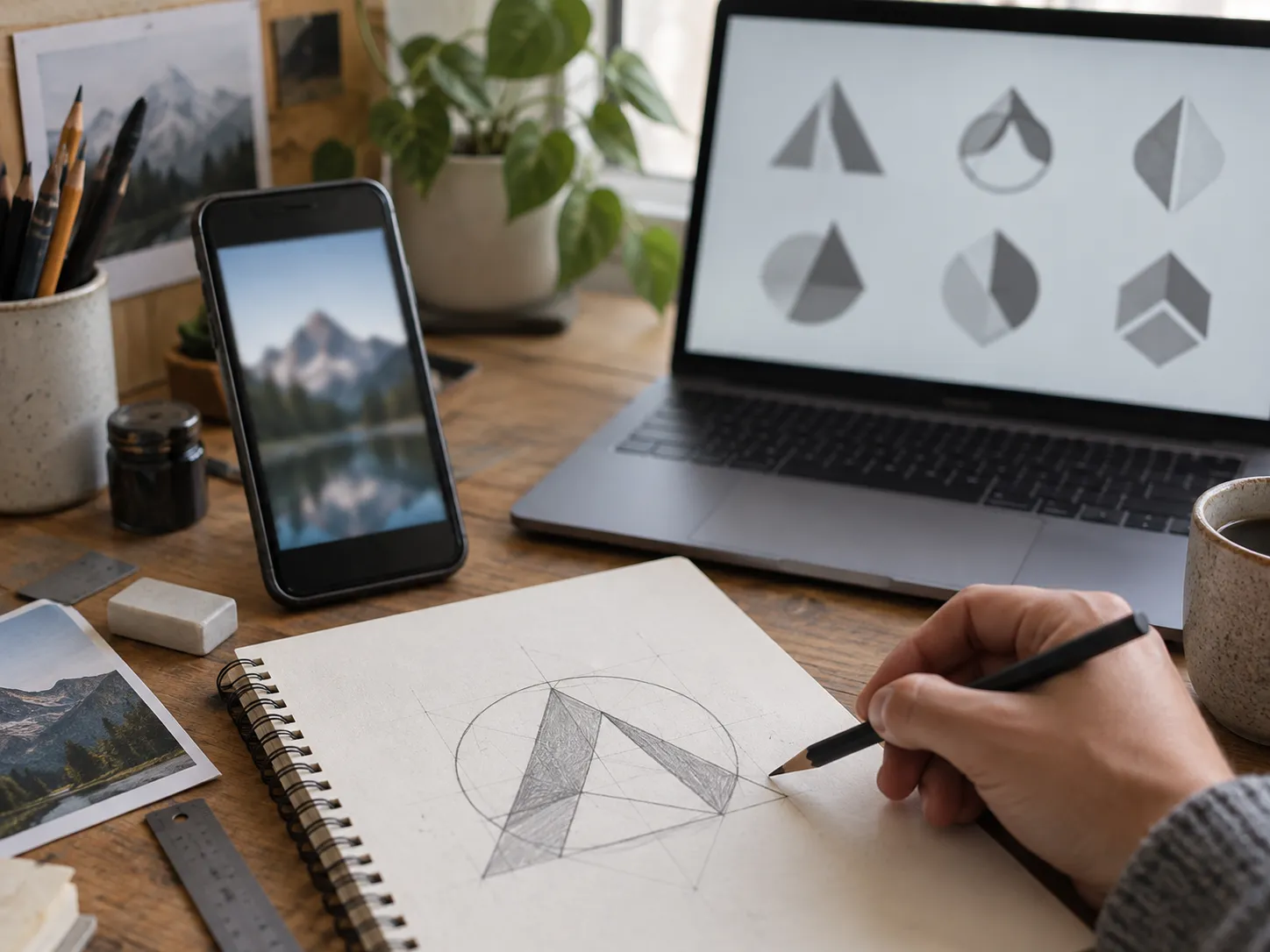 A sketch and reference image prepared for a logo workflow