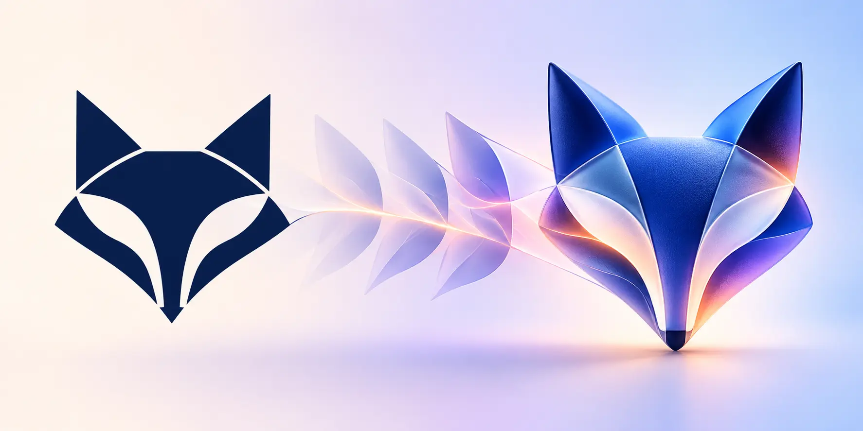 A flat geometric fox logo transforming into a polished dimensional logo