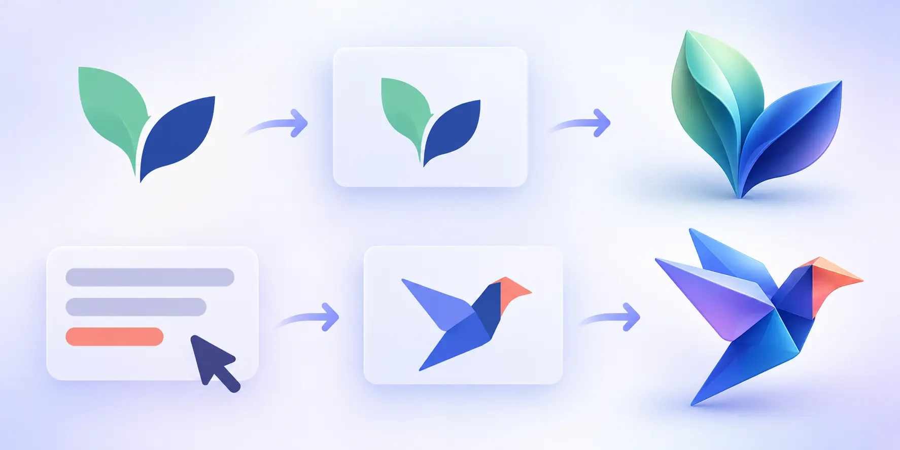Two visual paths for making a dimensional logo from an uploaded symbol or a written idea
