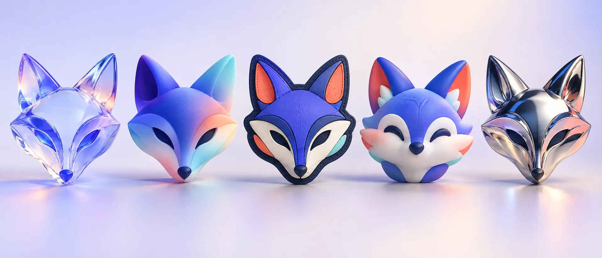 A fictional fox logo explored with glass, volumetric, PVC patch, mascot, and metallic treatments