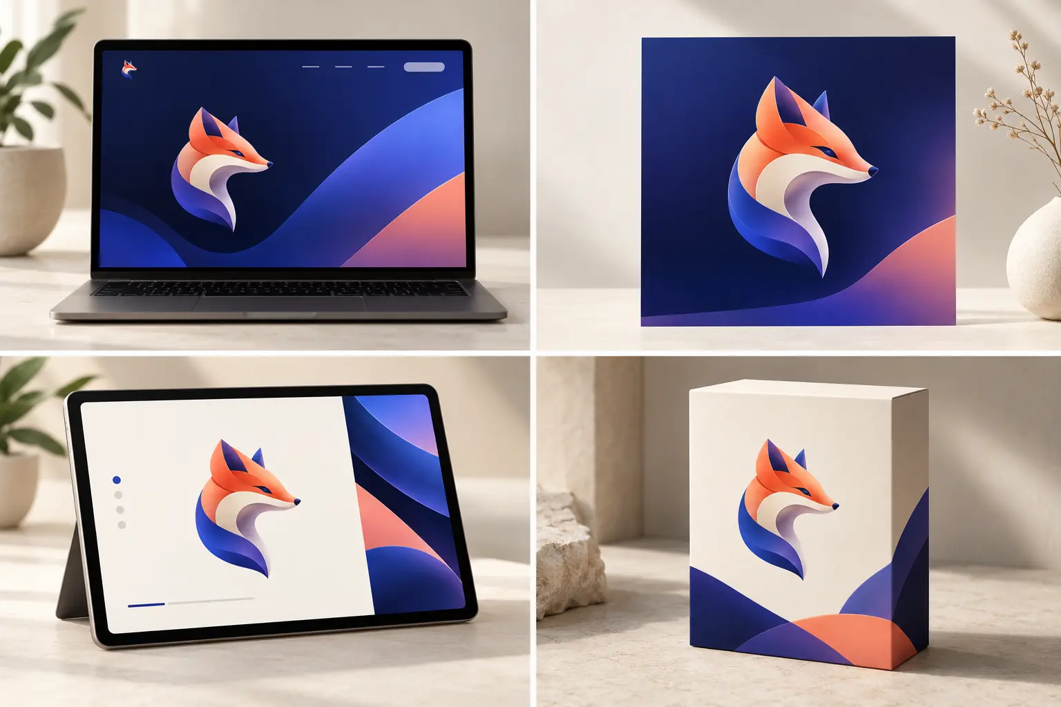 A fictional dimensional logo used across a website, social card, presentation, and packaging mockup