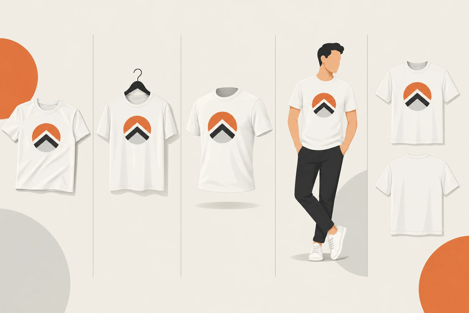 Five t-shirt mockup types compared: flat lay, hanger, ghost mannequin, model, and front-and-back