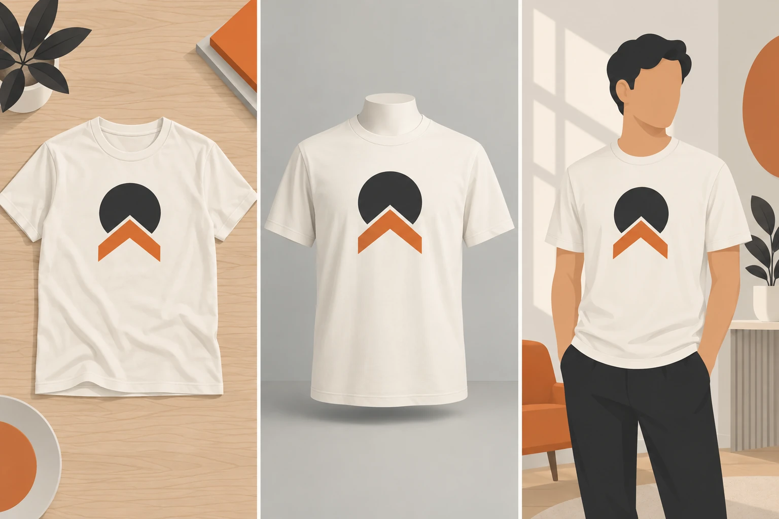 The same t-shirt design rendered in three mockup scenes from three different AI prompts