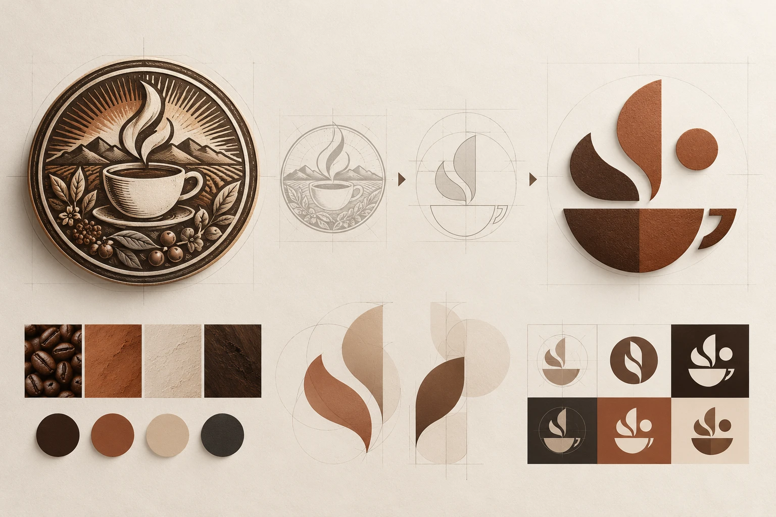 A fictional coffee brand logo evolving from a detailed old badge into a clear modern mark