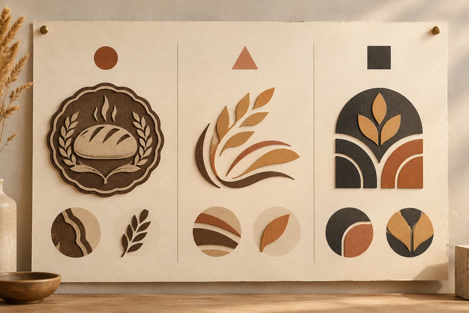 A logo redesign audit board showing elements to keep, refine, and replace for a fictional bakery brand