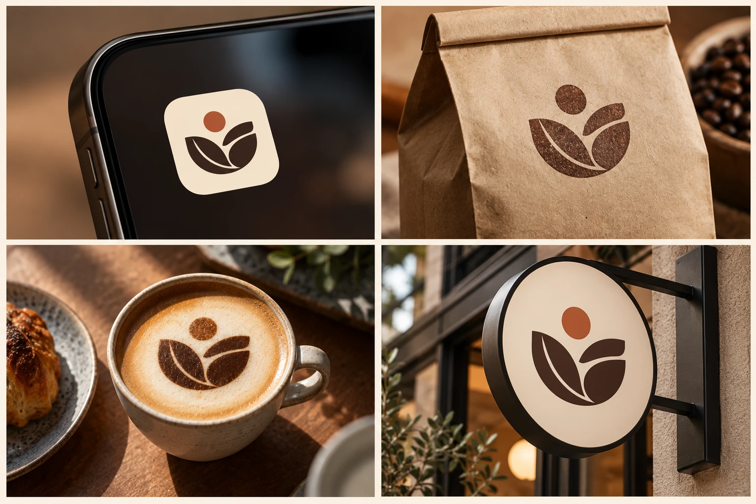 Four practical logo redesign tests: small icon, one-color print, busy menu background, and storefront sign