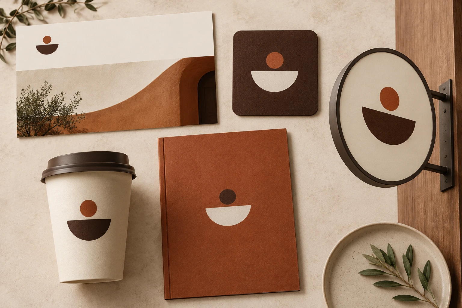 A fictional brand rollout checklist with website, social profile, packaging, menu, and storefront touchpoints