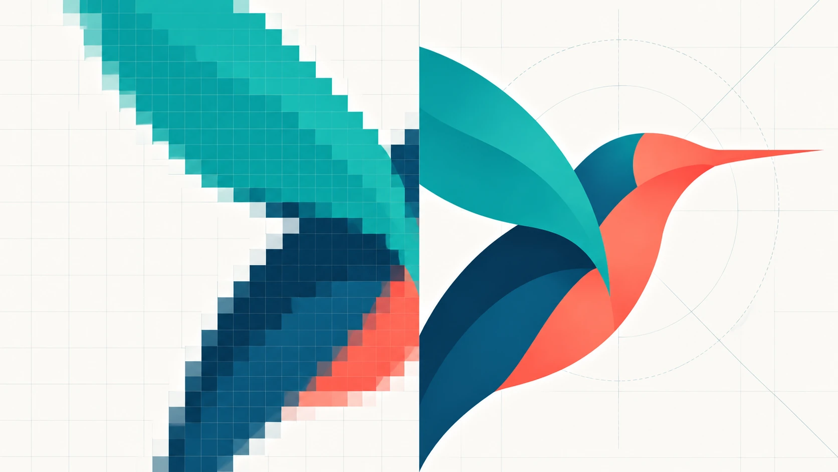 Close-up comparison of pixelated bitmap edges and smooth vector logo curves