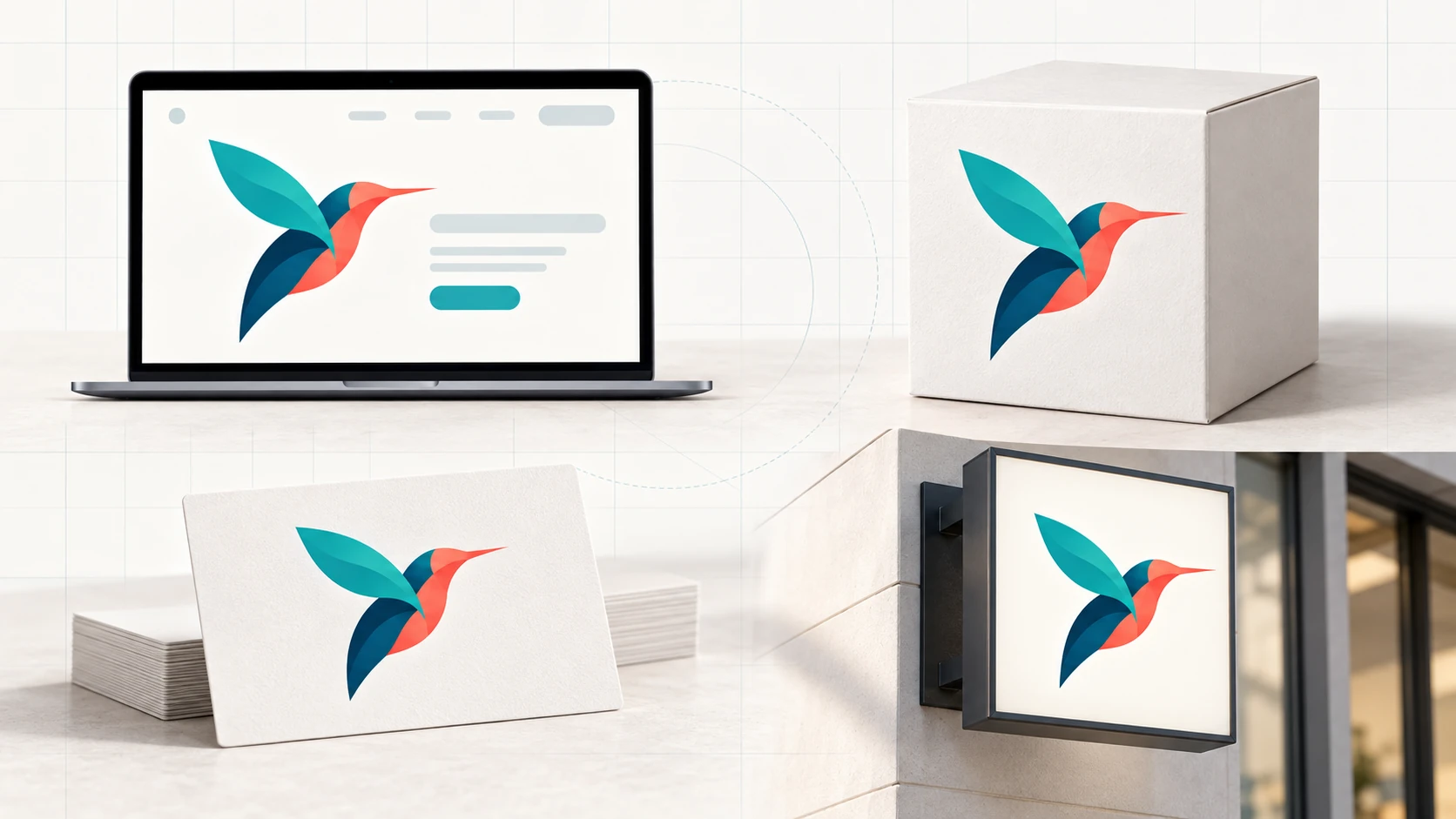 A vector logo applied to a website, packaging, business card, and storefront sign