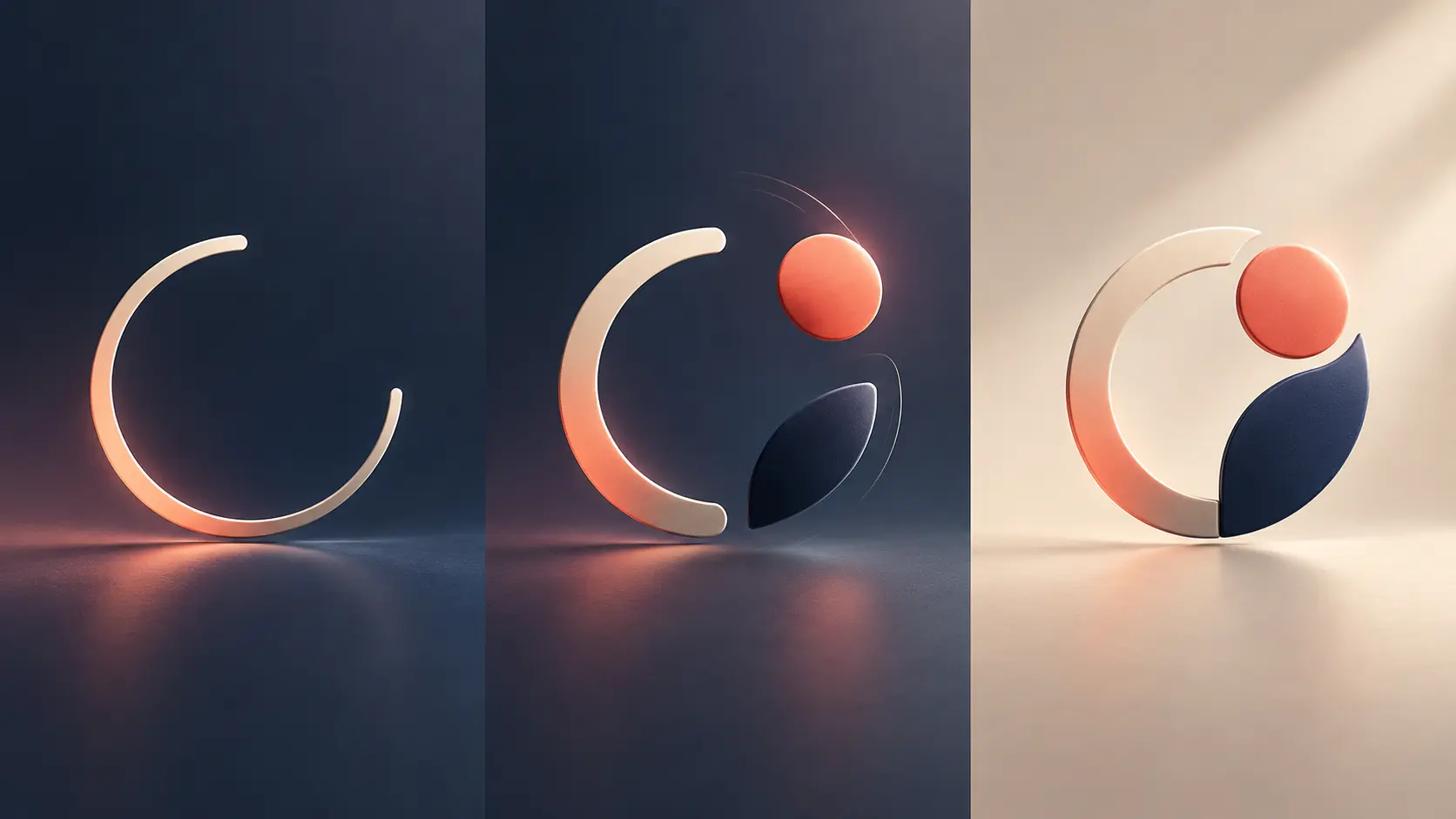 Three-frame storyboard of an original abstract logo assembling into a still final mark