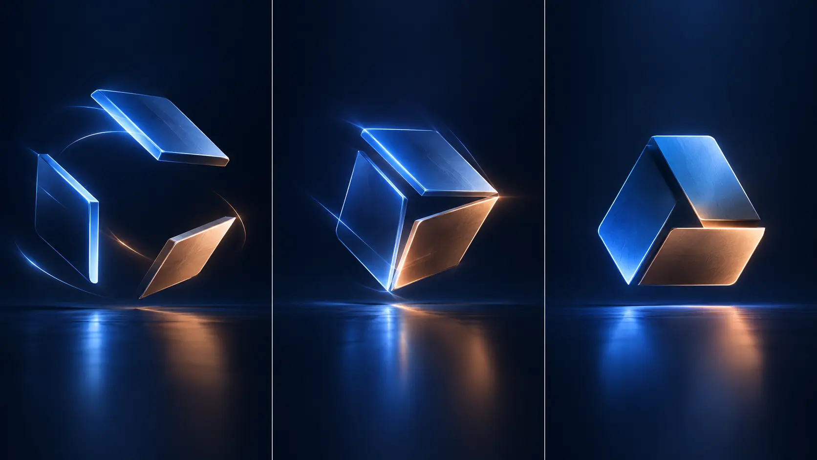 Three moments of a fictional geometric mark aligning for a product-launch video reveal