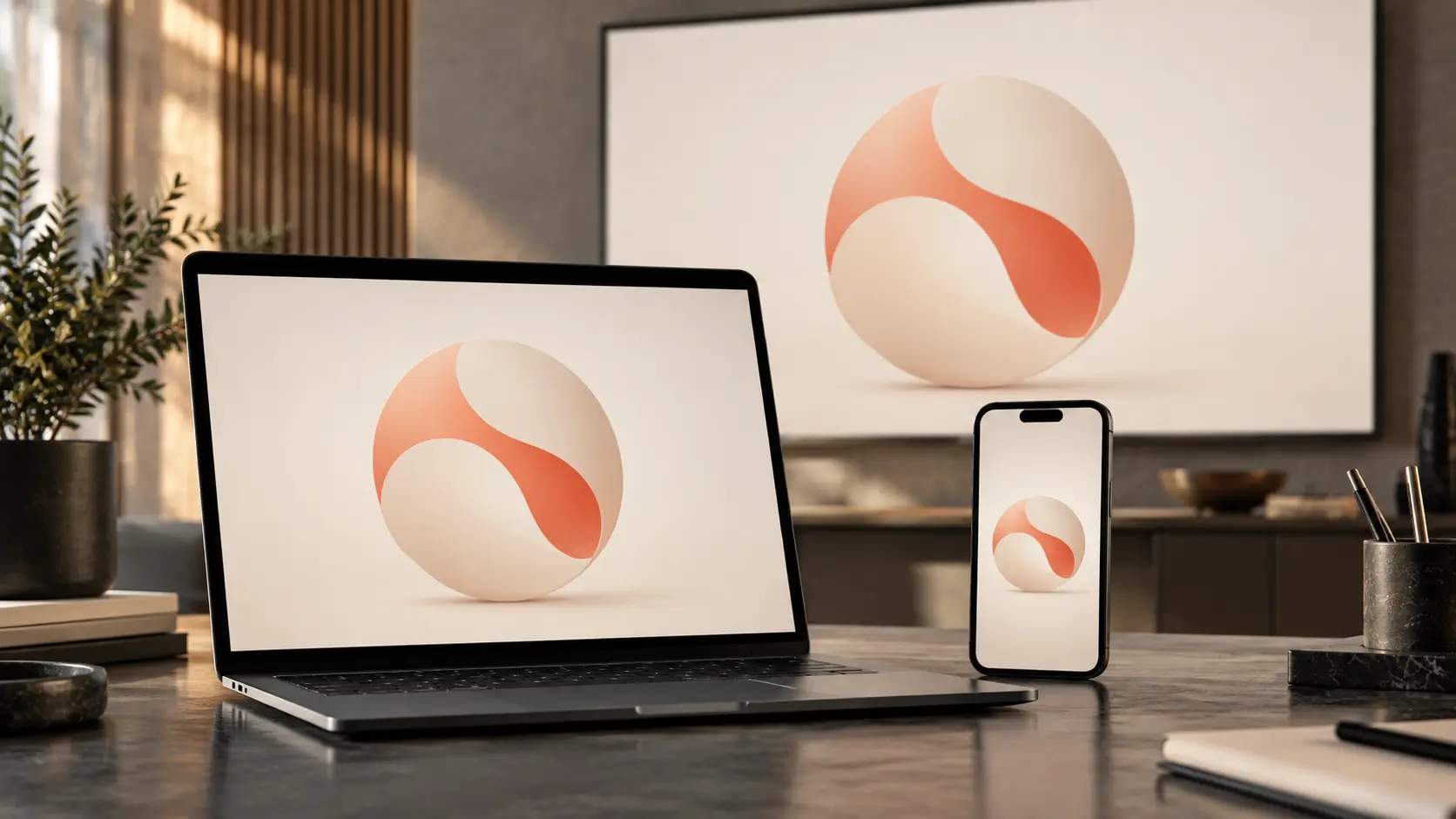 Original fictional logo checked at presentation, laptop, and phone display sizes