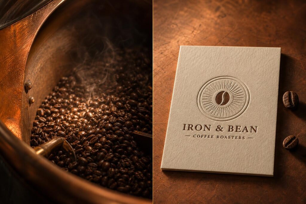 Coffee roaster logo case study: copper drum texture to embossed badge brand identity
