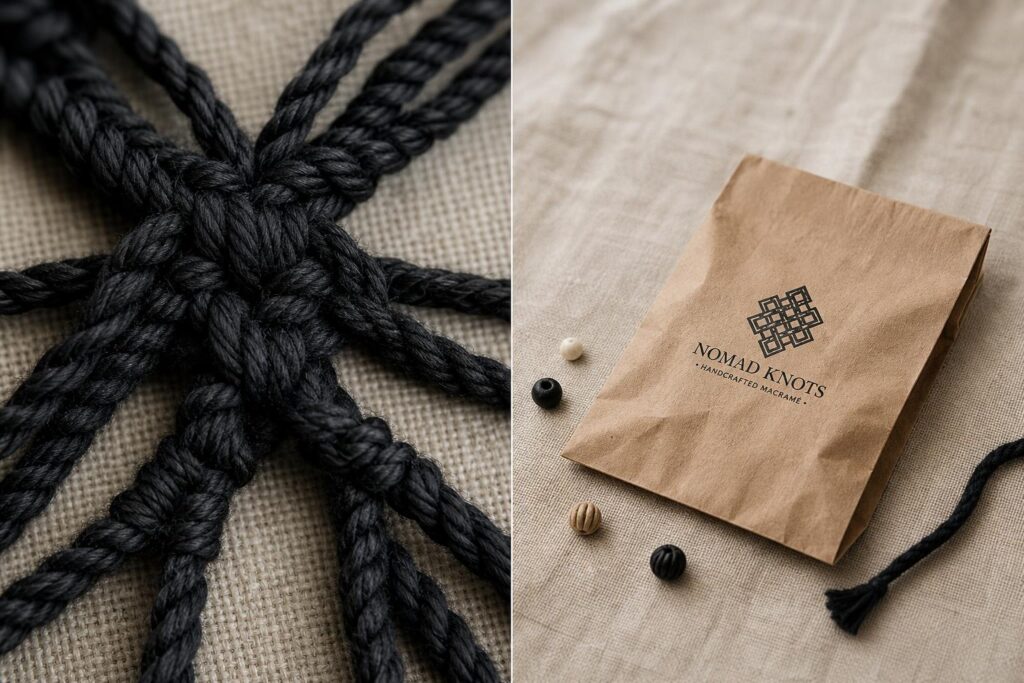 Etsy handmade seller logo case study: macramé knot texture transformed into a geometric brand mark