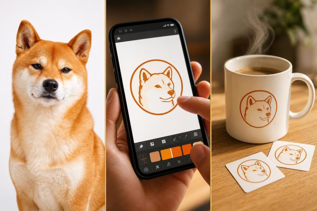 Pet logo case study: Shiba Inu portrait to merchandise-ready brand logo in mugs and stickers