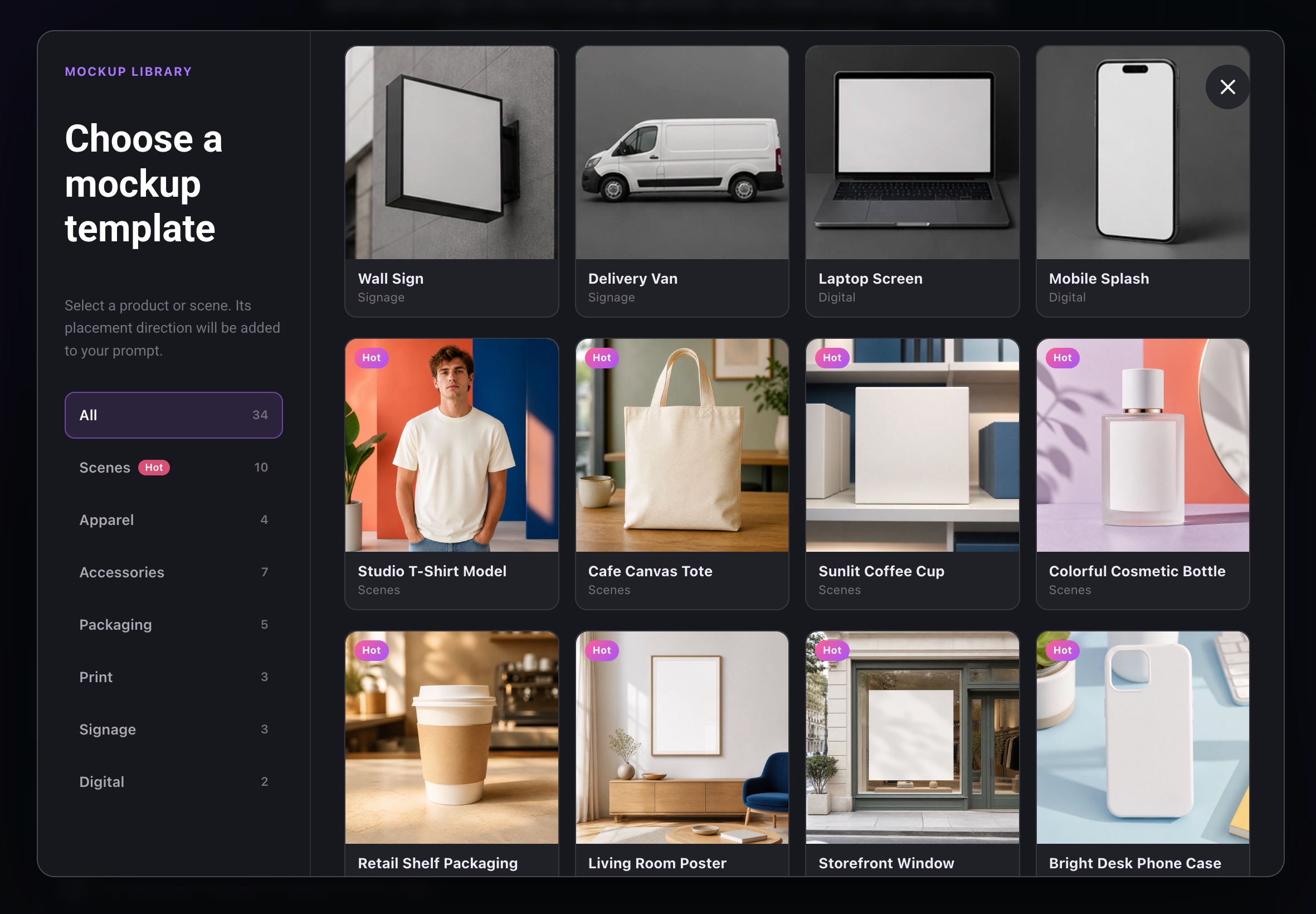 AI mockup template library with product, packaging, signage, apparel, and digital scene options